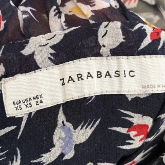 ZARA BASIC Sleeveless Ink Blue/Black Bird Print Chiffon Knee Length Dress XS - Picture 16 of 16